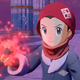 A Pokémon trainer is seen holding a glowing red Pokéball, Irida and Kamado are seen behind him, watching in shock at something off camera.